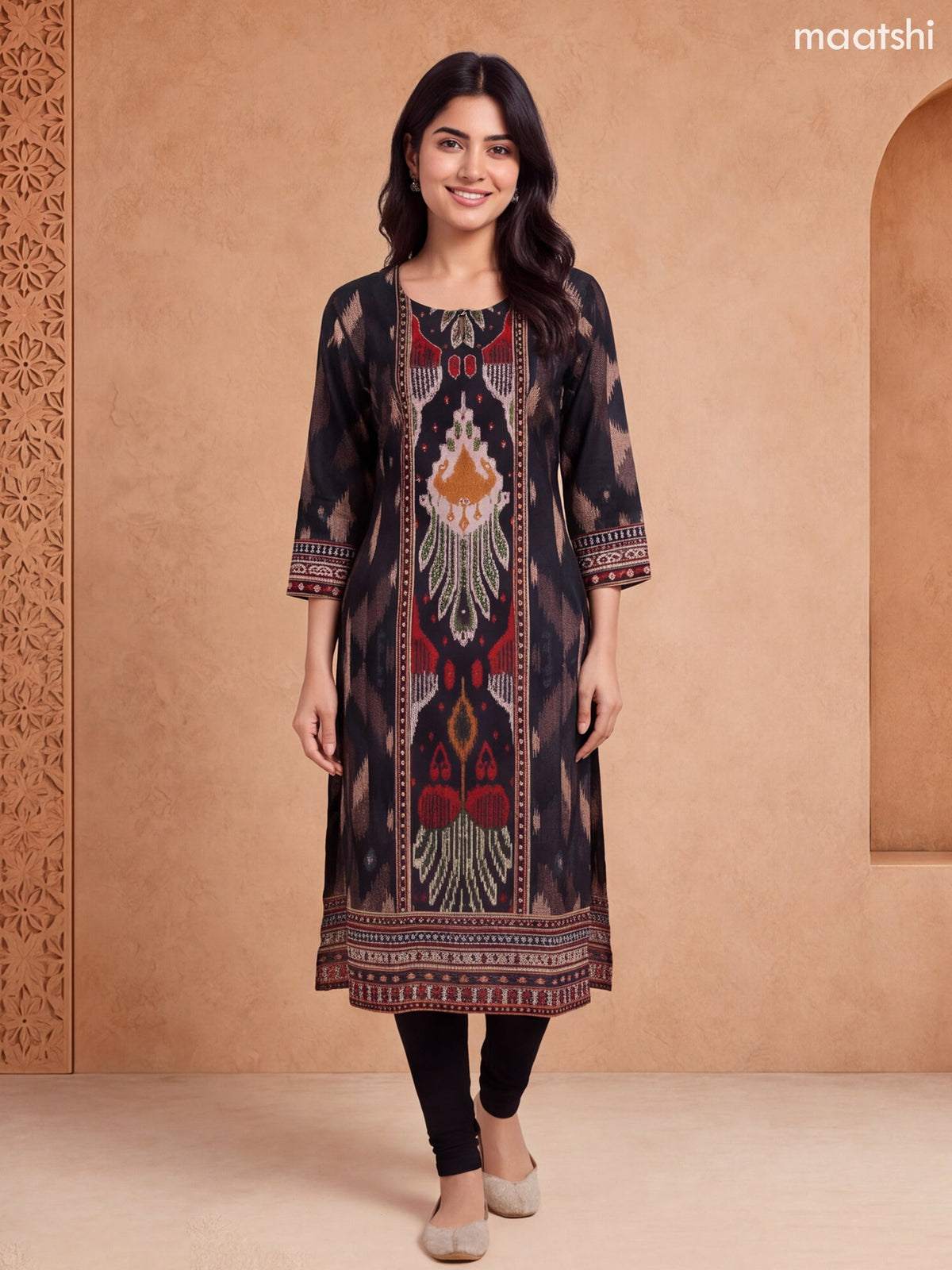 Black Cotton Printed & Embroidery Work Straight Kurti