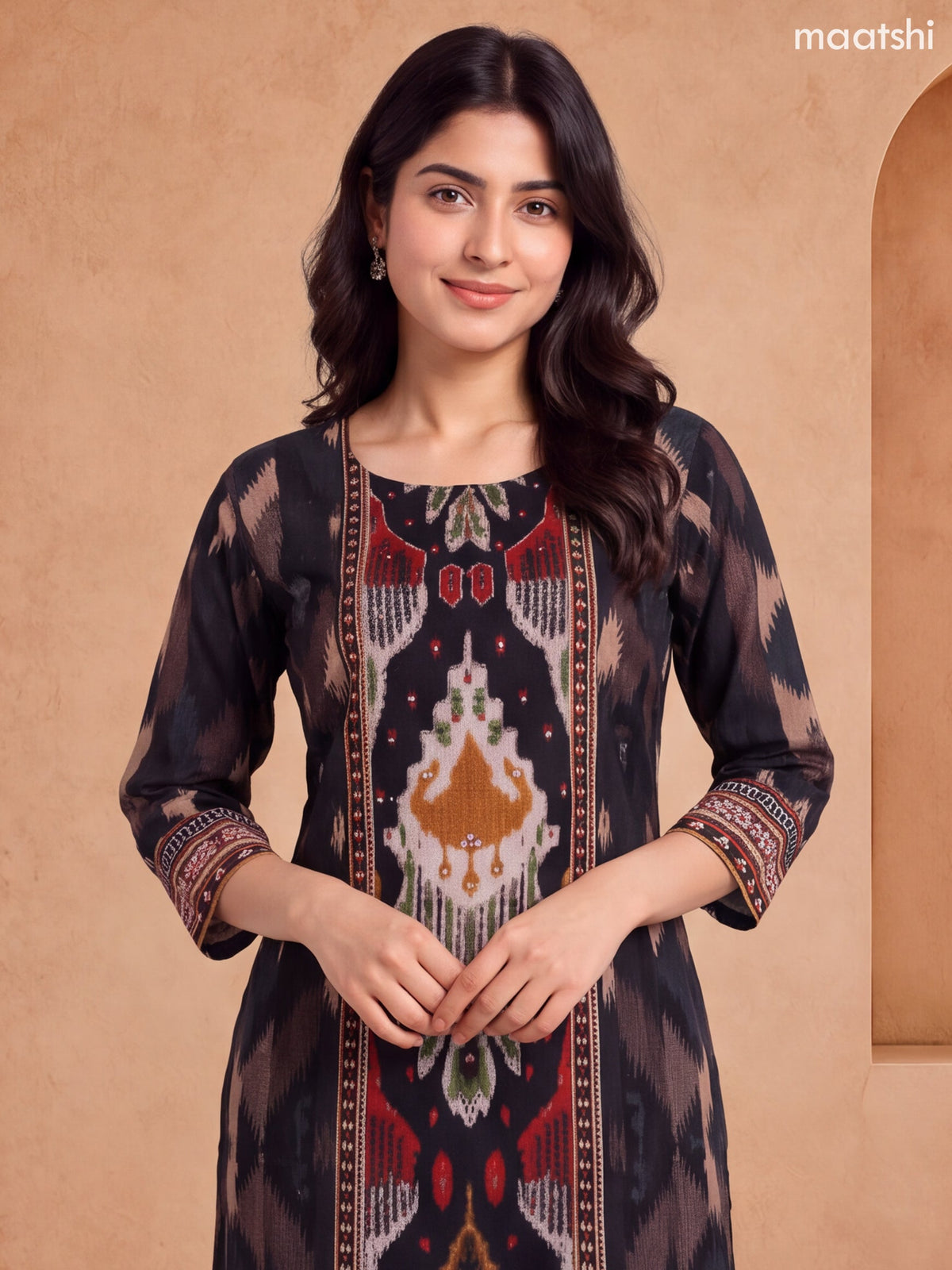 Black Cotton Printed & Embroidery Work Straight Kurti