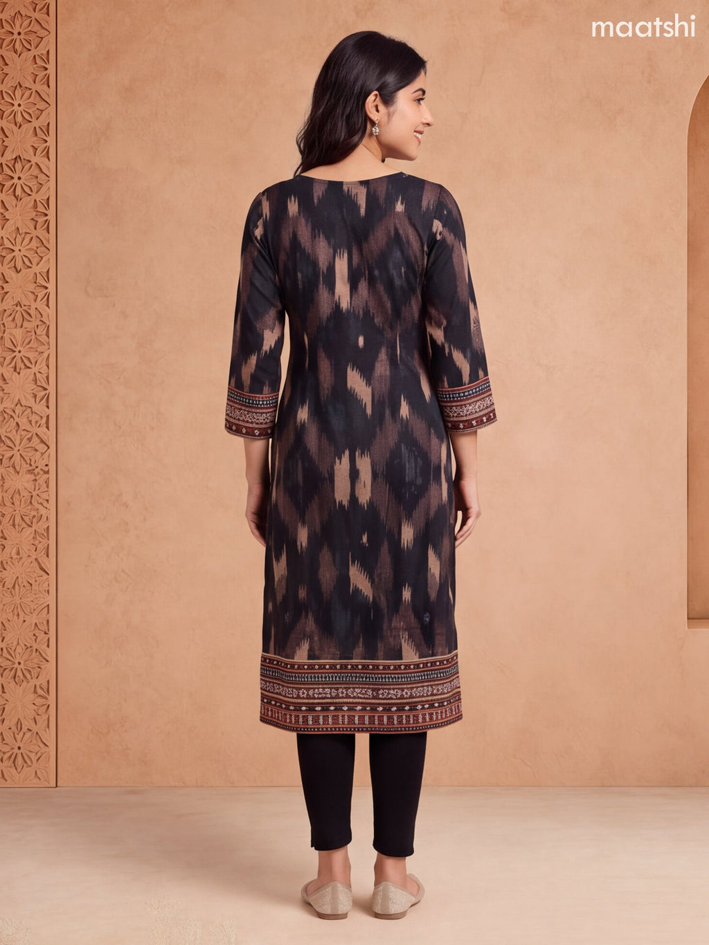Black Cotton Printed & Embroidery Work Straight Kurti