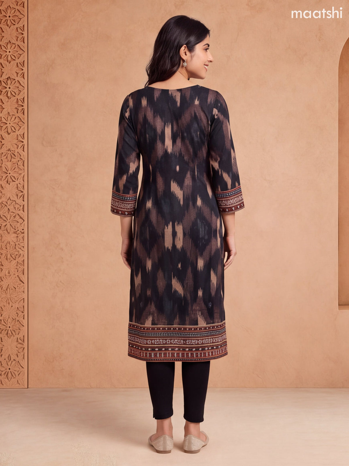 Black Cotton Printed & Embroidery Work Straight Kurti