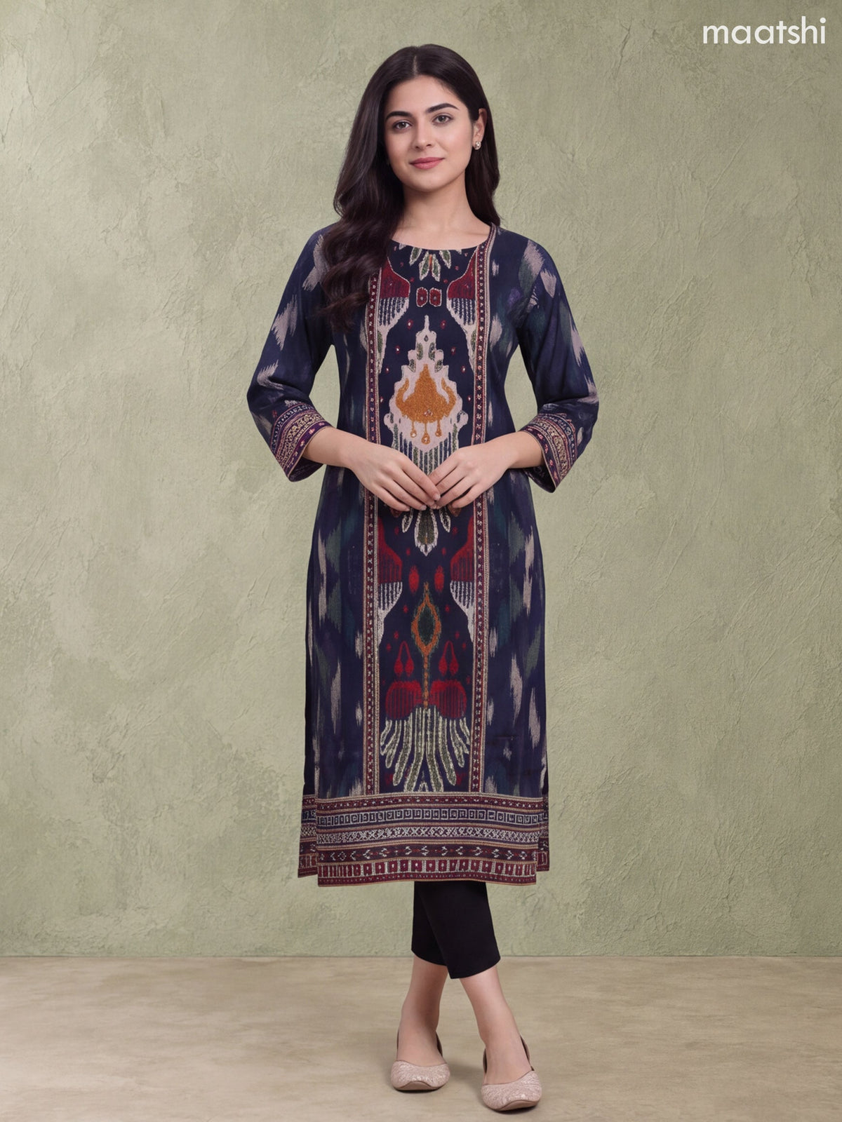 Deep Navy Blue Cotton Printed & Embroidery Work Straight Kurti