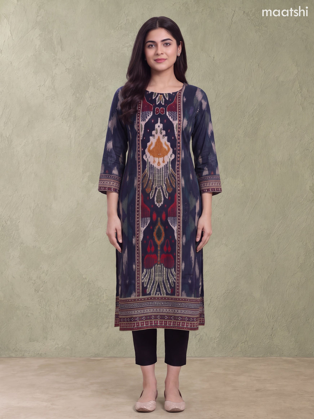 Deep Navy Blue Cotton Printed & Embroidery Work Straight Kurti
