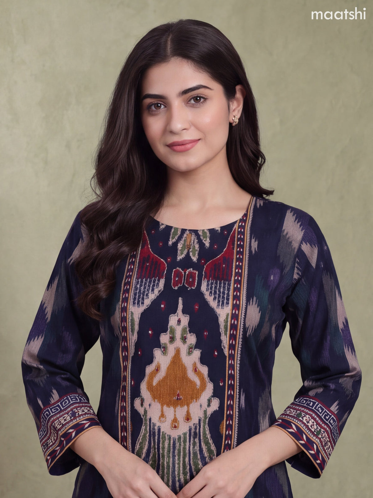 Deep Navy Blue Cotton Printed & Embroidery Work Straight Kurti