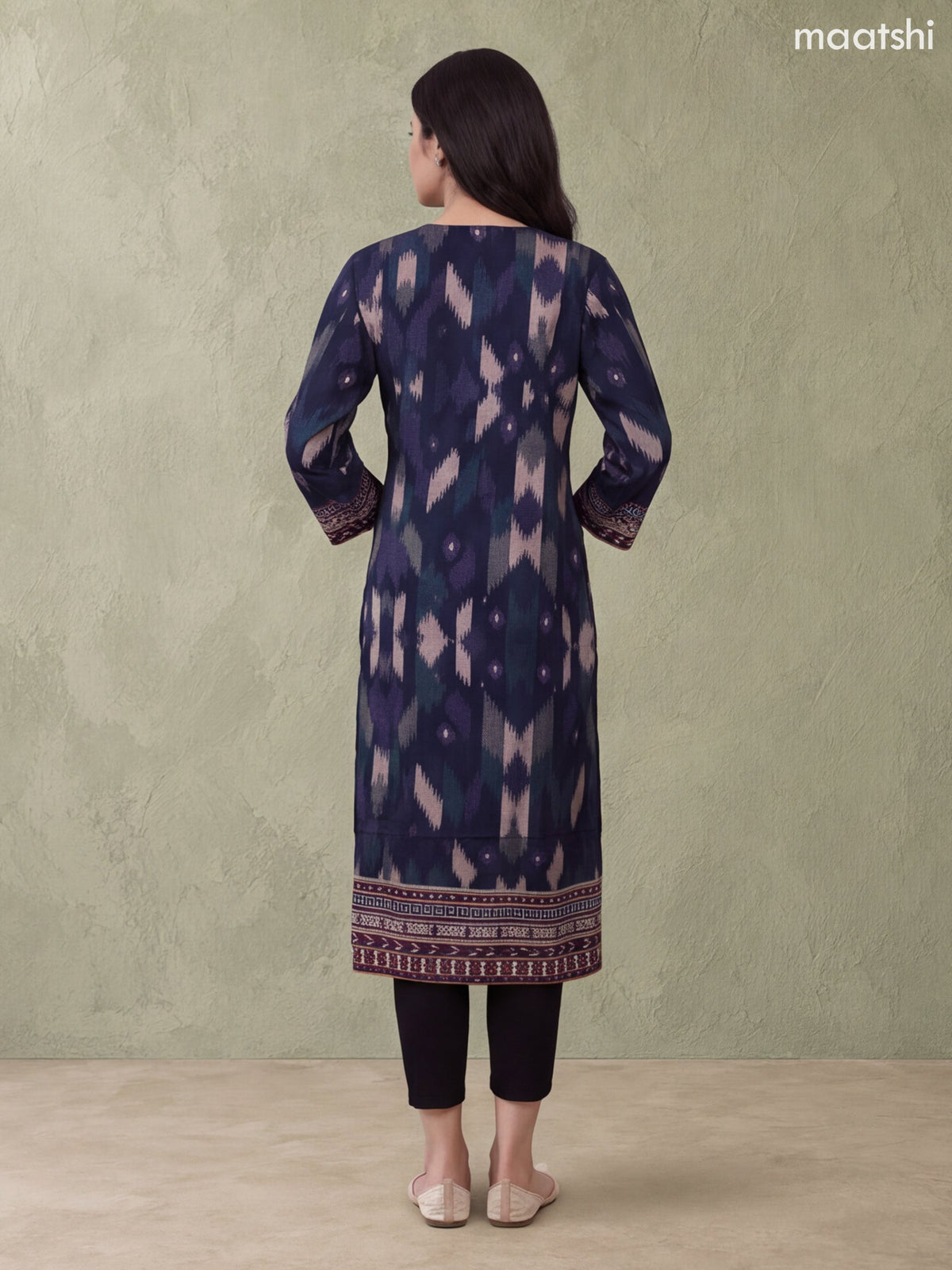 Deep Navy Blue Cotton Printed & Embroidery Work Straight Kurti