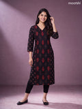 Black and Dark Rust Cotton Ikat Weaves & Simple Embroidery Work Straight Kurti