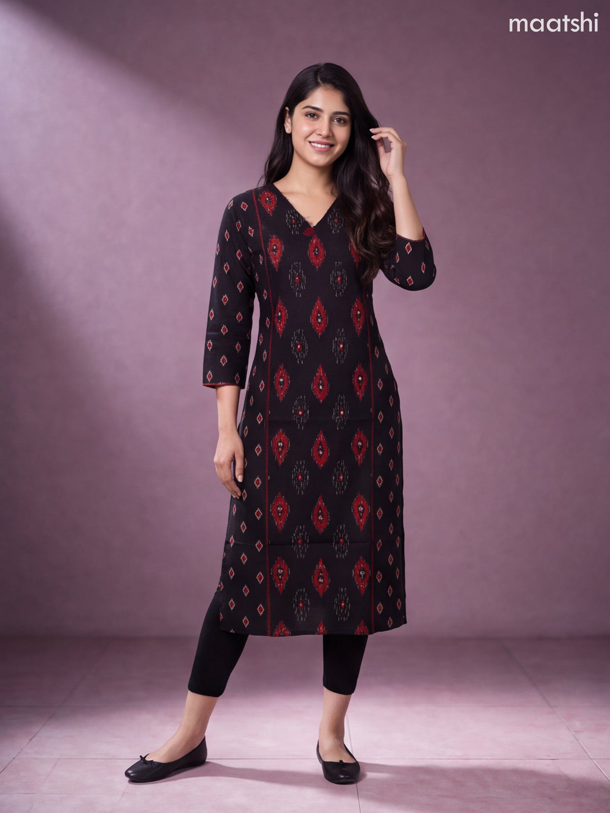 Black and Dark Rust Cotton Ikat Weaves & Simple Embroidery Work Straight Kurti