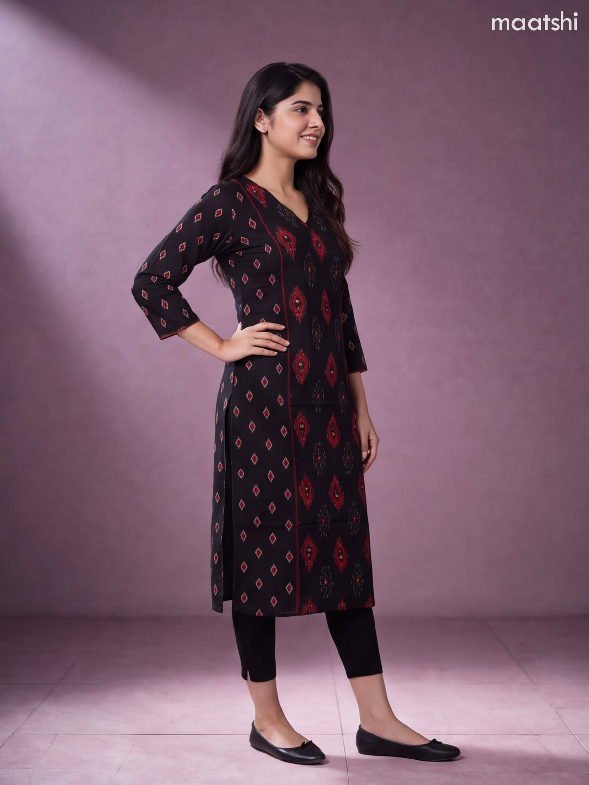 Black and Dark Rust Cotton Ikat Weaves & Simple Embroidery Work Straight Kurti