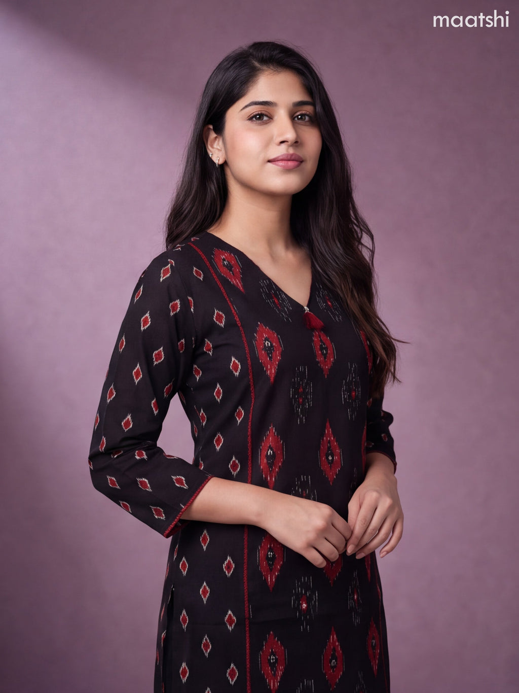 Black and Dark Rust Cotton Ikat Weaves & Simple Embroidery Work Straight Kurti