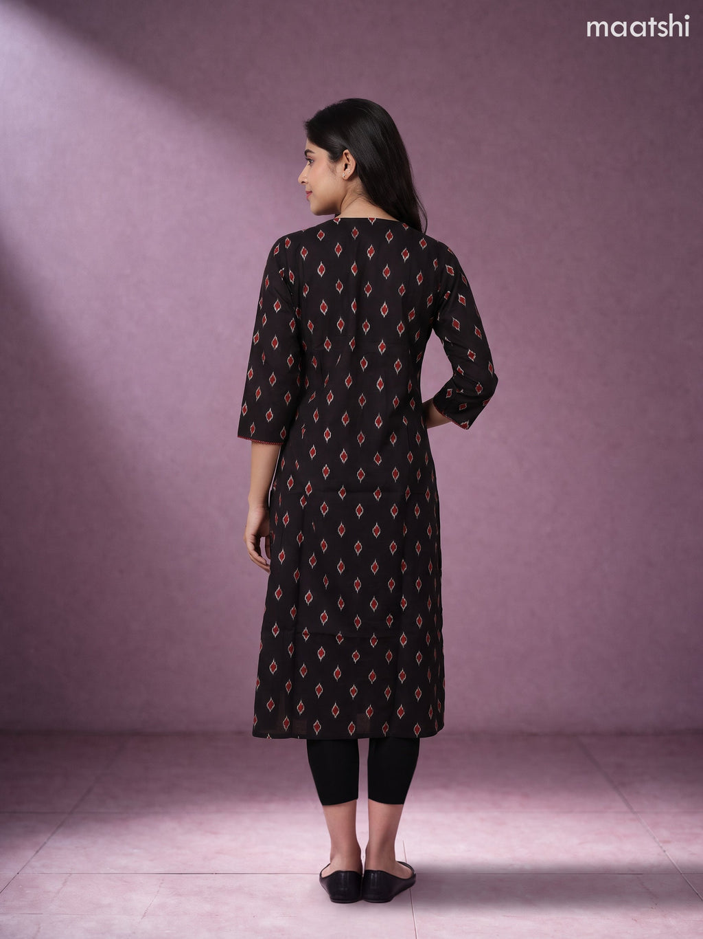 Black and Dark Rust Cotton Ikat Weaves & Simple Embroidery Work Straight Kurti