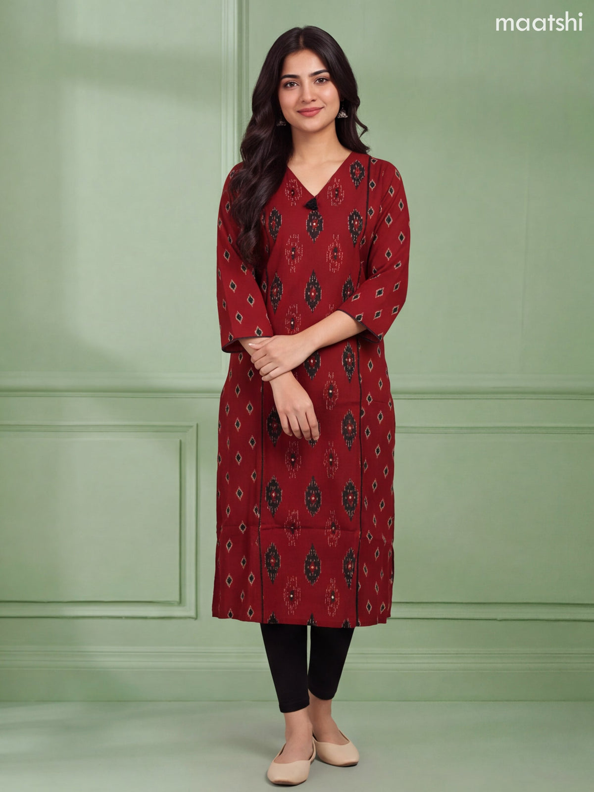 Dark Rust and Black Cotton Ikat Weaves & Simple Embroidery Work Straight Kurti