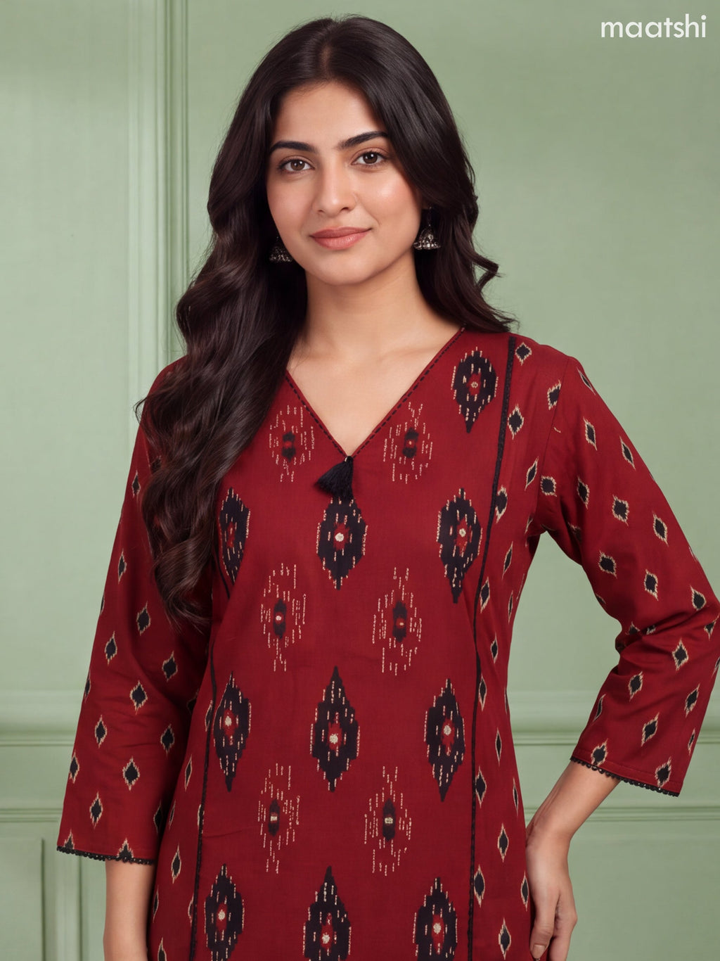 Dark Rust and Black Cotton Ikat Weaves & Simple Embroidery Work Straight Kurti