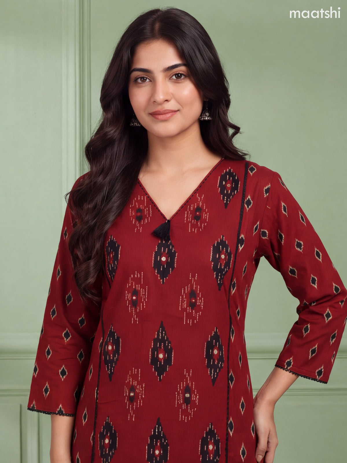 Dark Rust and Black Cotton Ikat Weaves & Simple Embroidery Work Straight Kurti