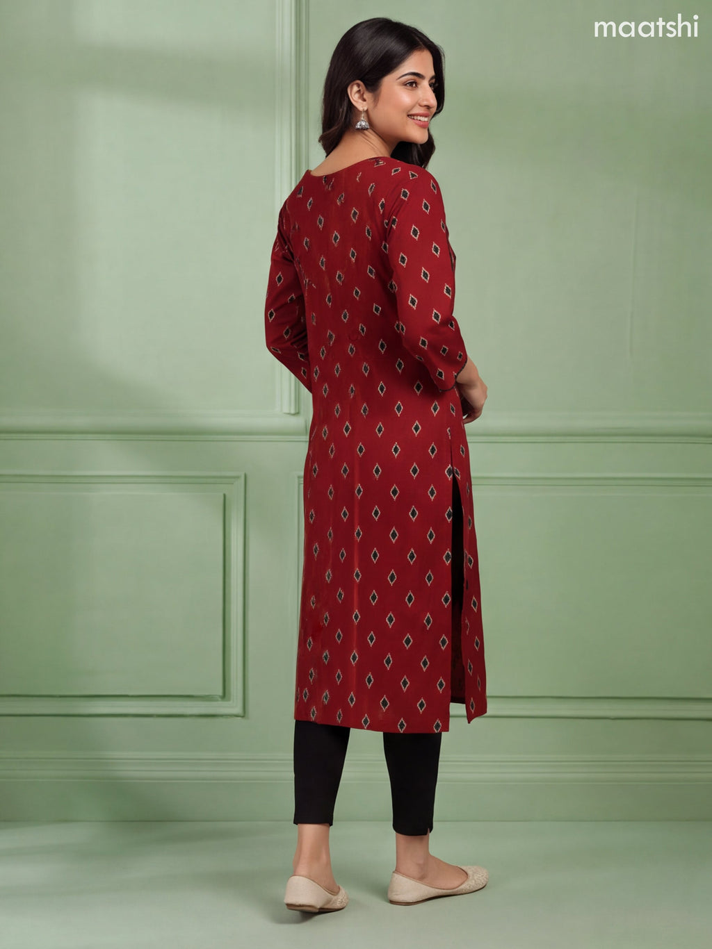 Dark Rust and Black Cotton Ikat Weaves & Simple Embroidery Work Straight Kurti