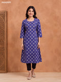 Blue and Off White Cotton Butta Printed & Embroidery Work A-Line Kurti