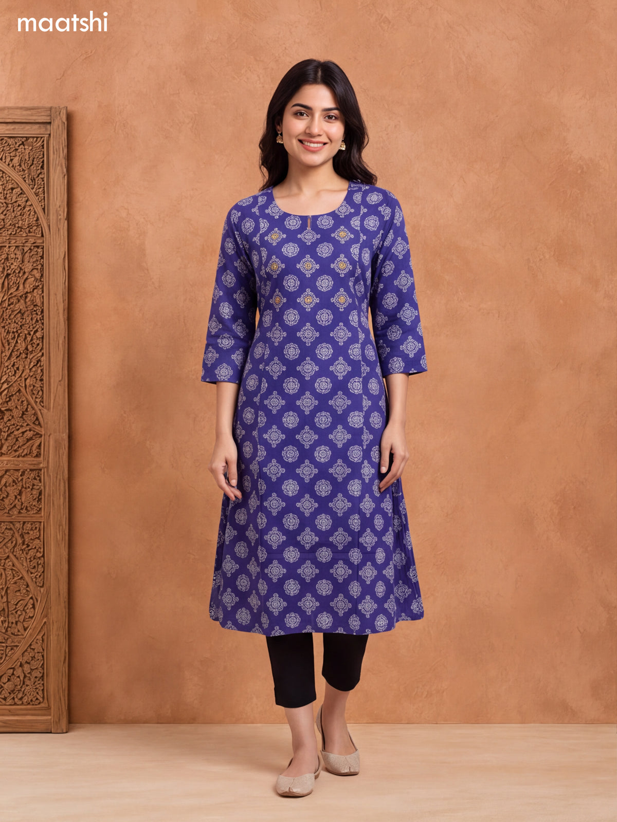 Blue and Off White Cotton Butta Printed & Embroidery Work A-Line Kurti