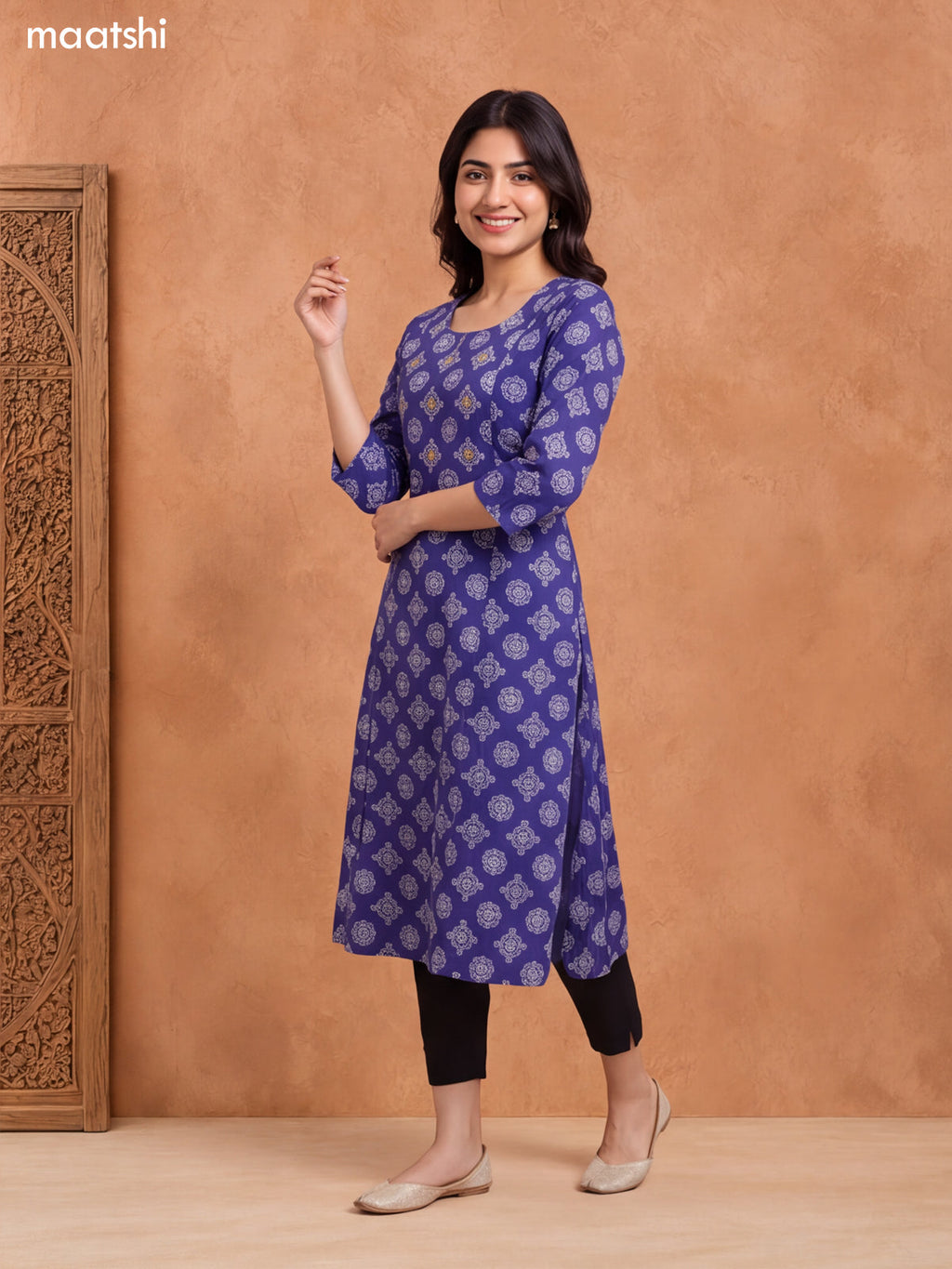 Blue and Off White Cotton Butta Printed & Embroidery Work A-Line Kurti