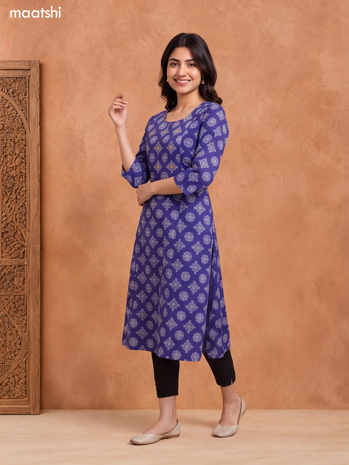 Blue and Off White Cotton Butta Printed & Embroidery Work A-Line Kurti