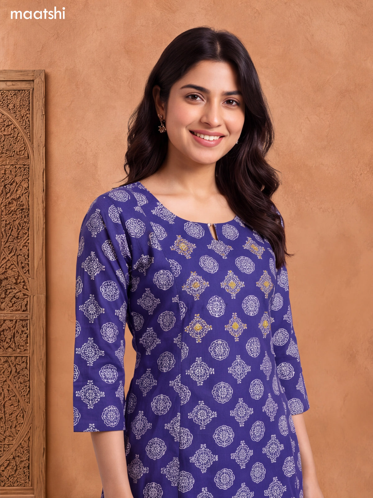 Blue and Off White Cotton Butta Printed & Embroidery Work A-Line Kurti