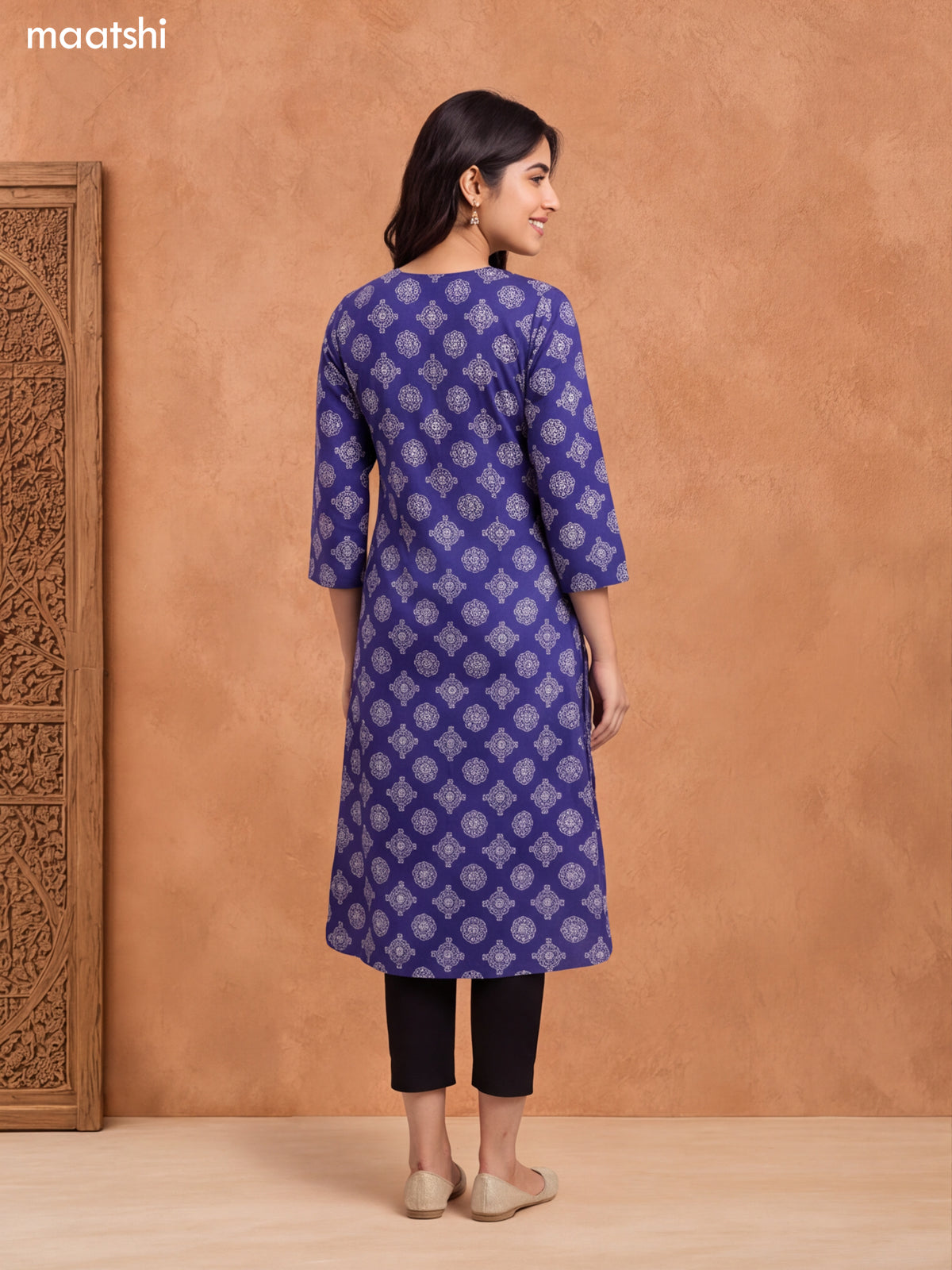 Blue and Off White Cotton Butta Printed & Embroidery Work A-Line Kurti