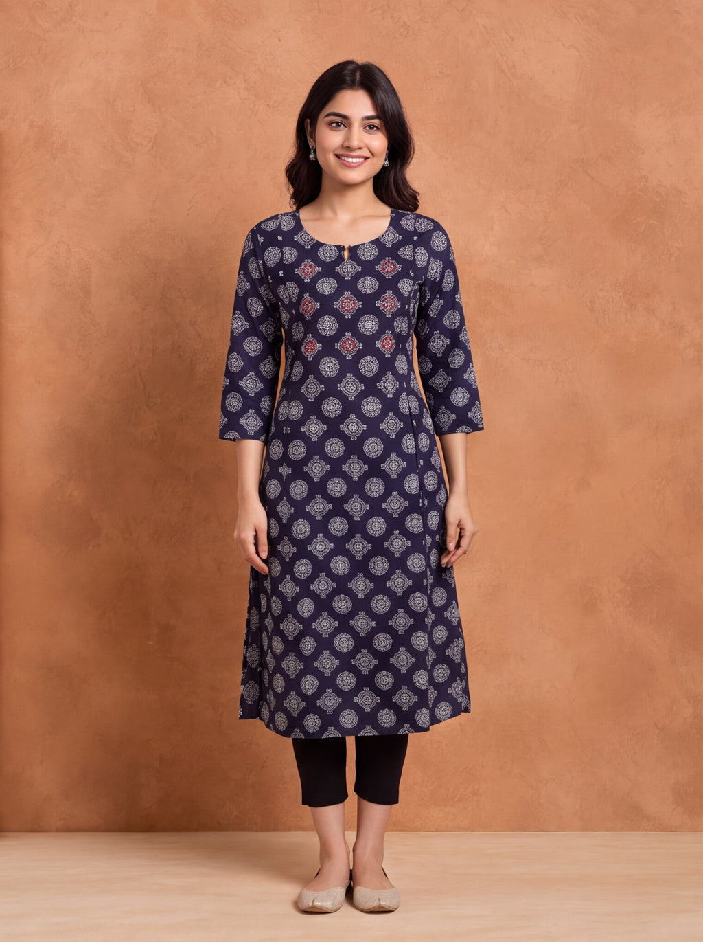 Deep Navy Blue and Off White Cotton Butta Printed & Embroidery Work A-Line Kurti