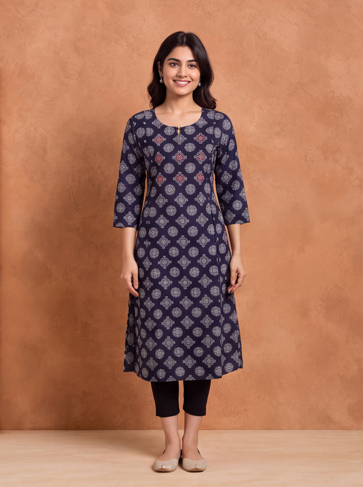 Deep Navy Blue and Off White Cotton Butta Printed & Embroidery Work A-Line Kurti