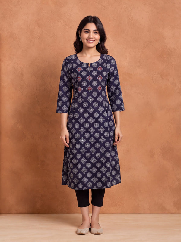 Deep Navy Blue and Off White Cotton Butta Printed & Embroidery Work A-Line Kurti
