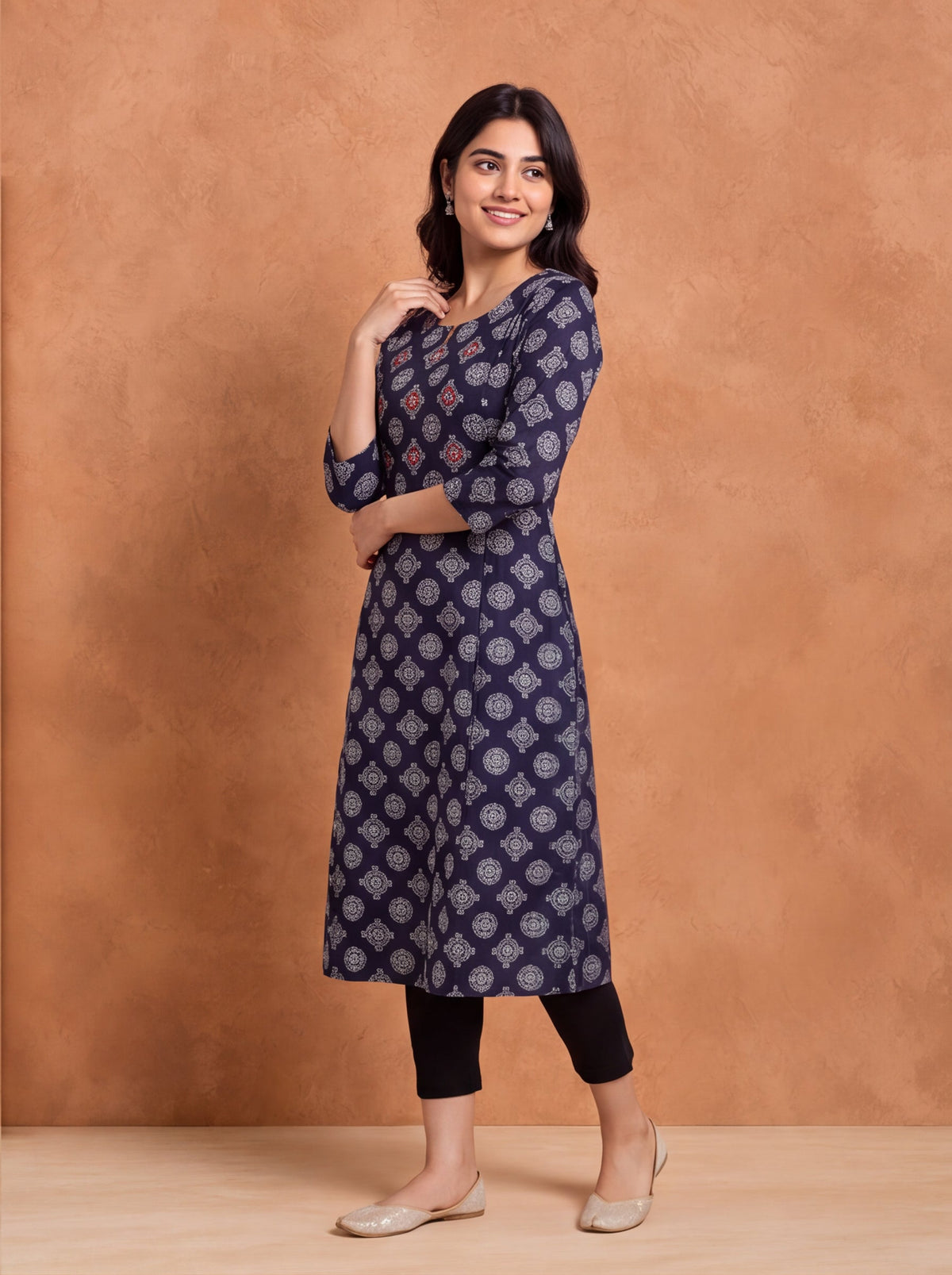 Deep Navy Blue and Off White Cotton Butta Printed & Embroidery Work A-Line Kurti