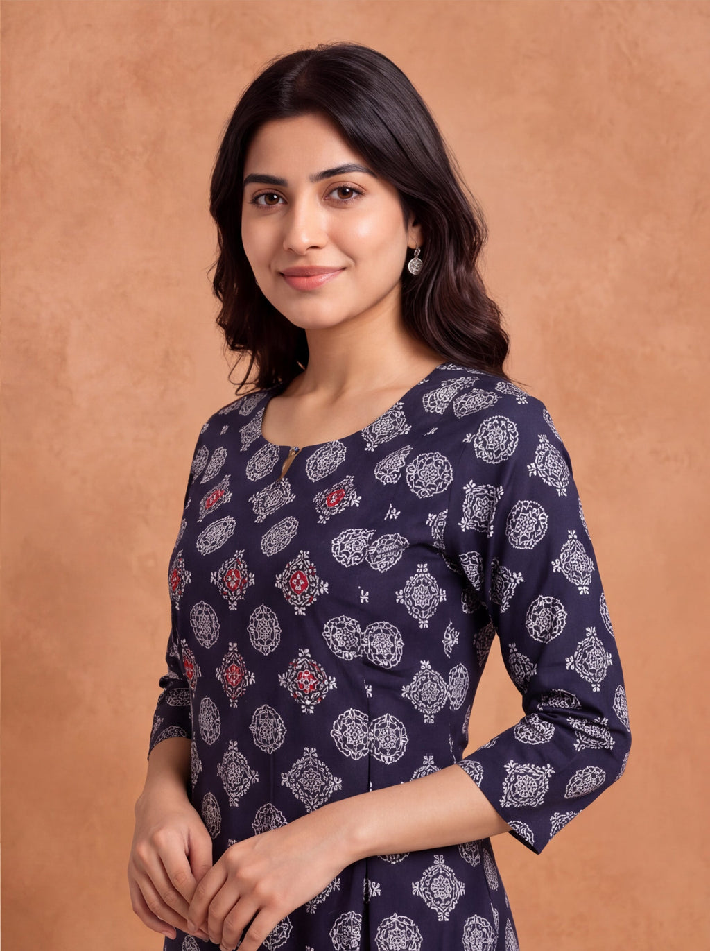 Deep Navy Blue and Off White Cotton Butta Printed & Embroidery Work A-Line Kurti