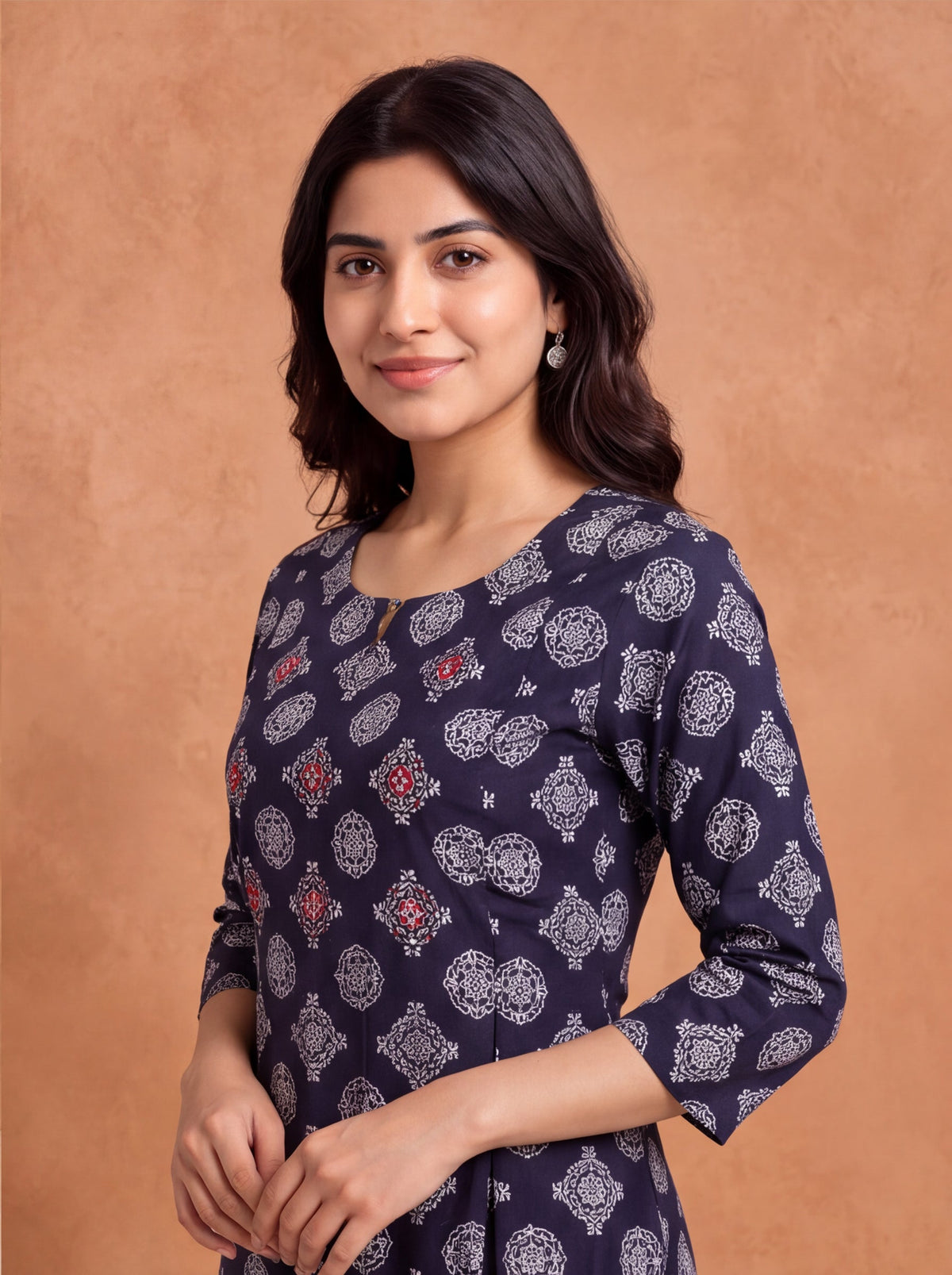 Deep Navy Blue and Off White Cotton Butta Printed & Embroidery Work A-Line Kurti