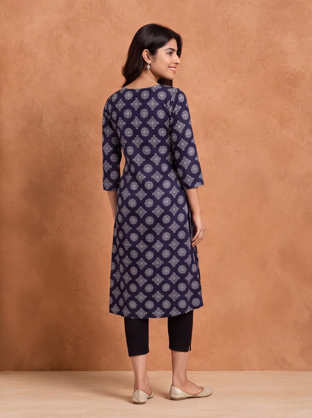 Deep Navy Blue and Off White Cotton Butta Printed & Embroidery Work A-Line Kurti