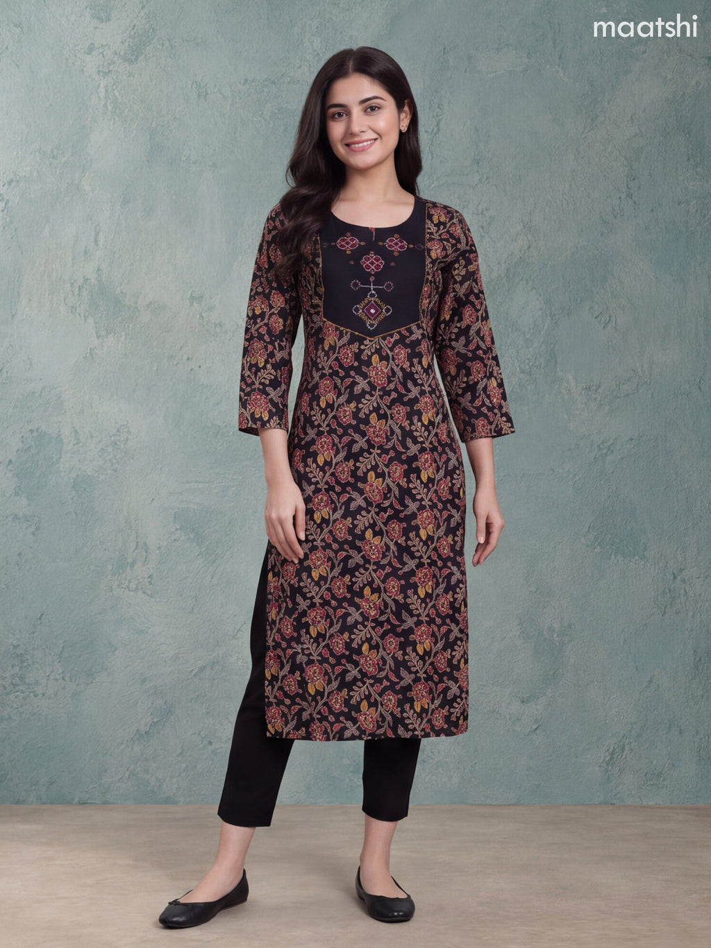 Black Cotton Allover Floral Printed & Embroidery Work Neck Pattern Straight Kurti