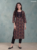 Black Cotton Allover Floral Printed & Embroidery Work Neck Pattern Straight Kurti
