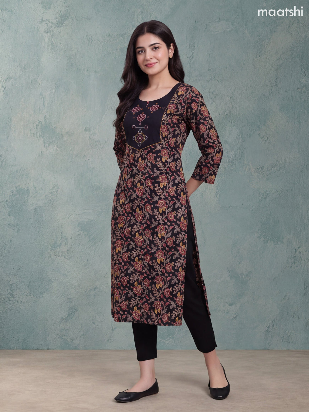 Black Cotton Allover Floral Printed & Embroidery Work Neck Pattern Straight Kurti