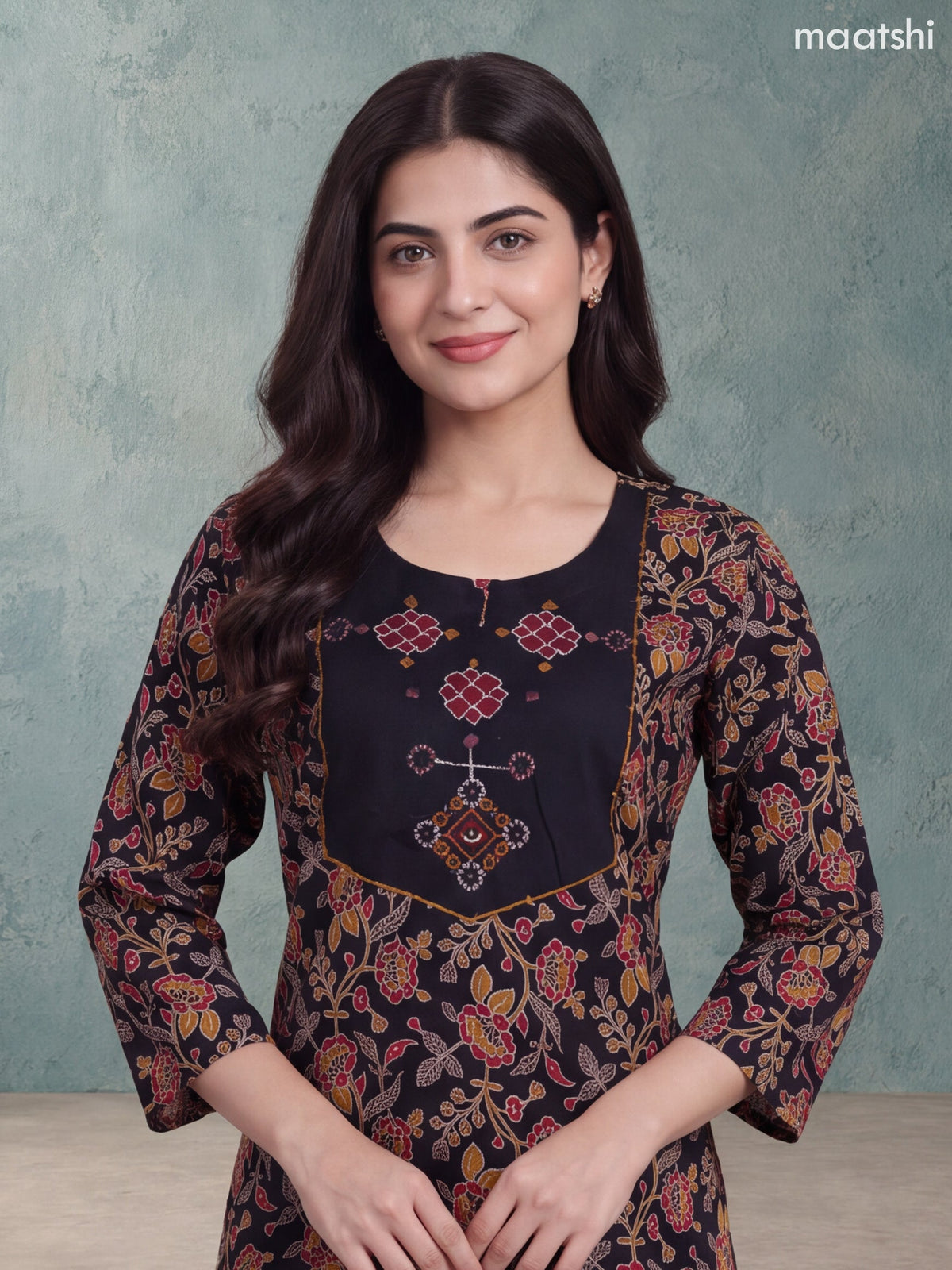 Black Cotton Allover Floral Printed & Embroidery Work Neck Pattern Straight Kurti