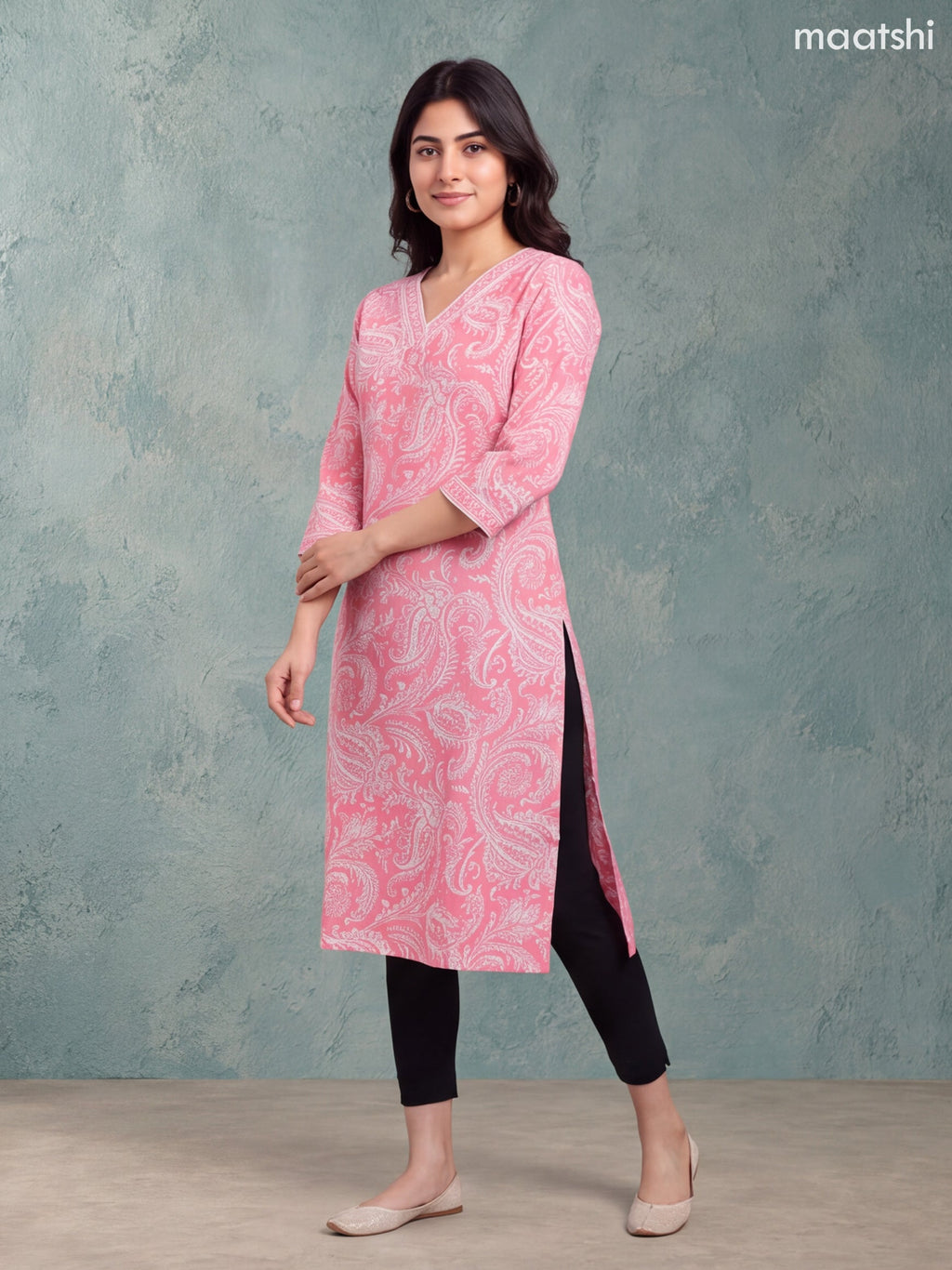 Peach Pink and Off White Cotton Allover Printed & Beaded Work Neck Pattern Straight Kurti