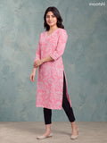 Peach Pink and Off White Cotton Allover Printed & Beaded Work Neck Pattern Straight Kurti