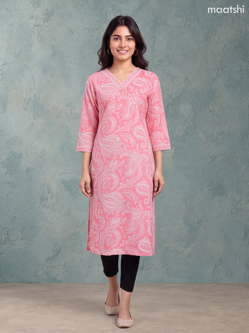 Peach Pink and Off White Cotton Allover Printed & Beaded Work Neck Pattern Straight Kurti