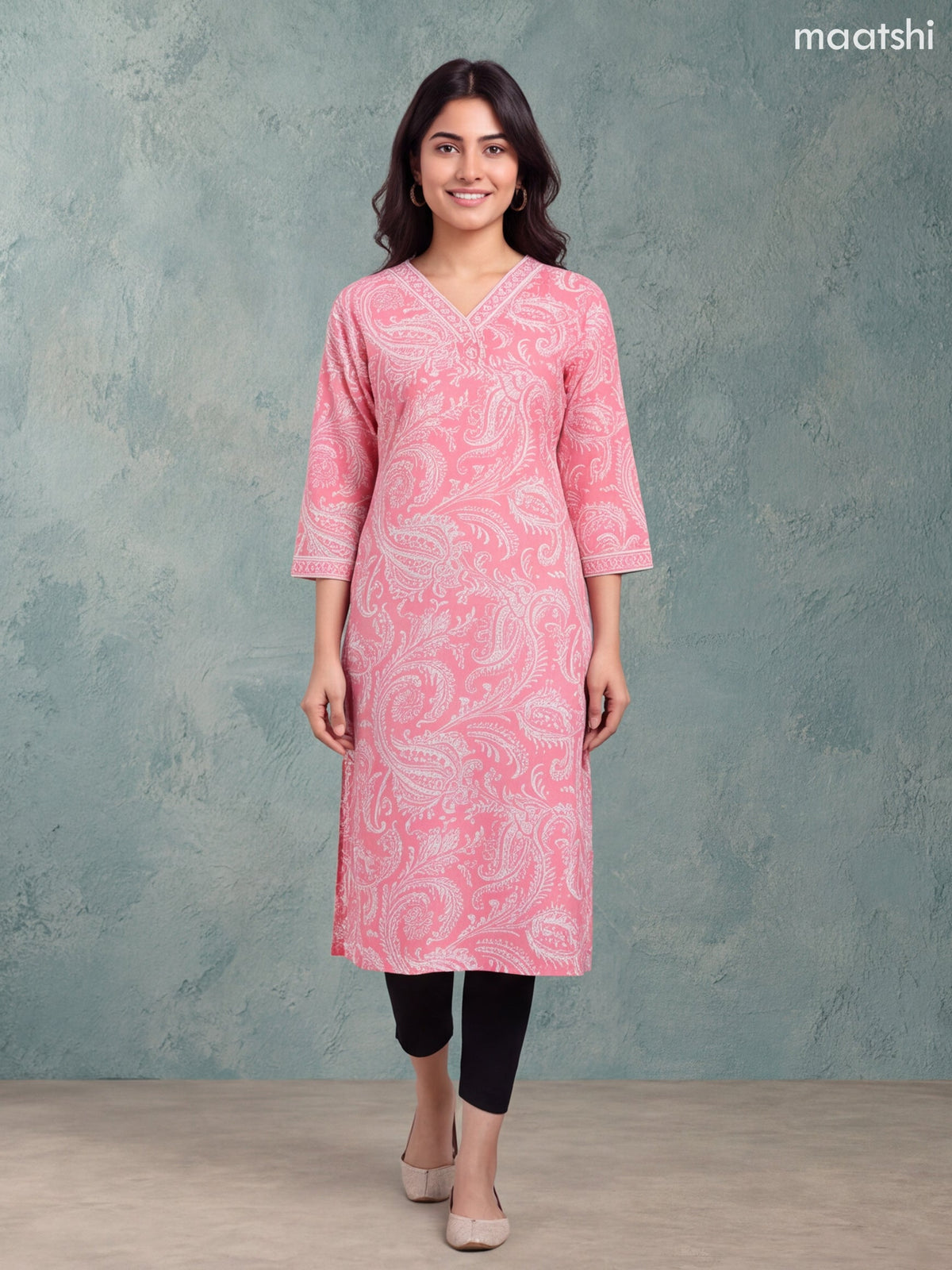 Peach Pink and Off White Cotton Allover Printed & Beaded Work Neck Pattern Straight Kurti