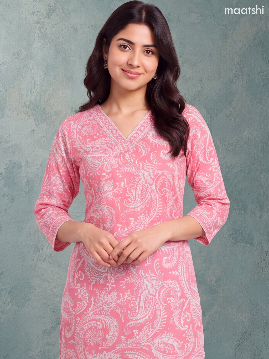 Peach Pink and Off White Cotton Allover Printed & Beaded Work Neck Pattern Straight Kurti