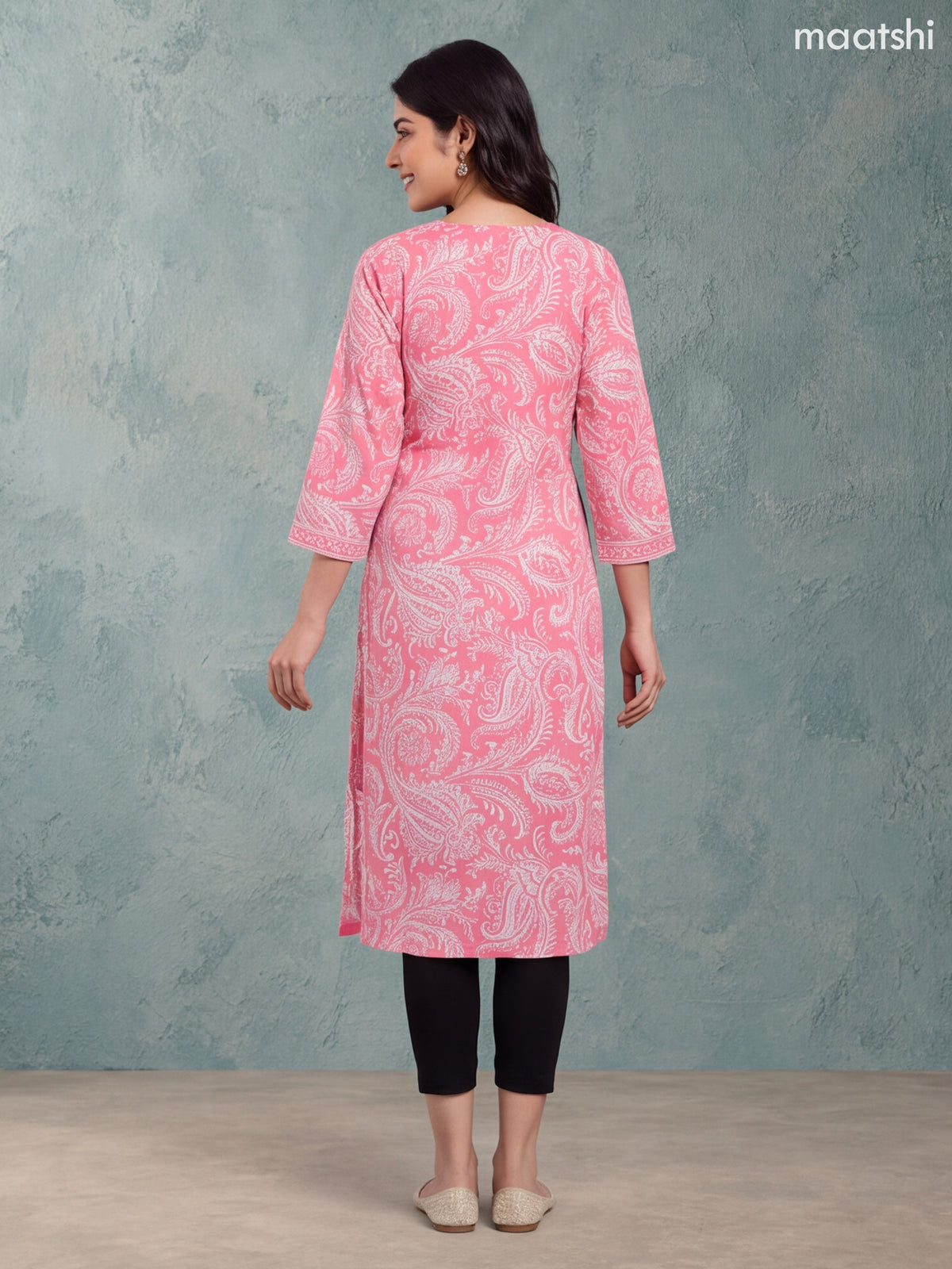 Peach Pink and Off White Cotton Allover Printed & Beaded Work Neck Pattern Straight Kurti