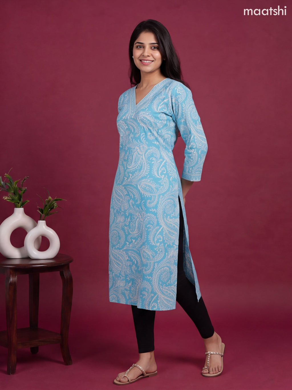 Light Blue and Off White Cotton Allover Printed & Beaded Work Neck Pattern Straight Kurti