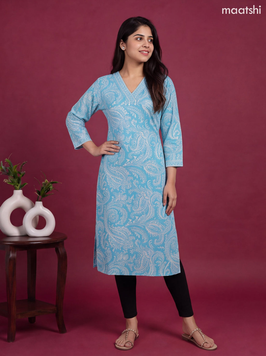 Light Blue and Off White Cotton Allover Printed & Beaded Work Neck Pattern Straight Kurti