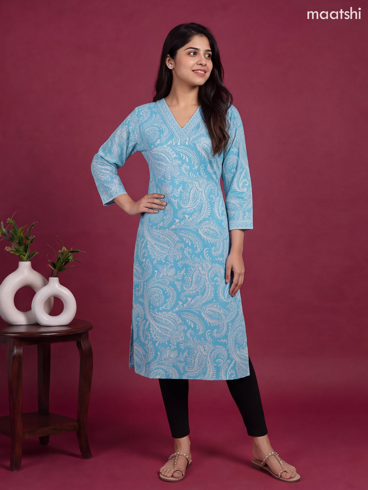 Light Blue and Off White Cotton Allover Printed & Beaded Work Neck Pattern Straight Kurti