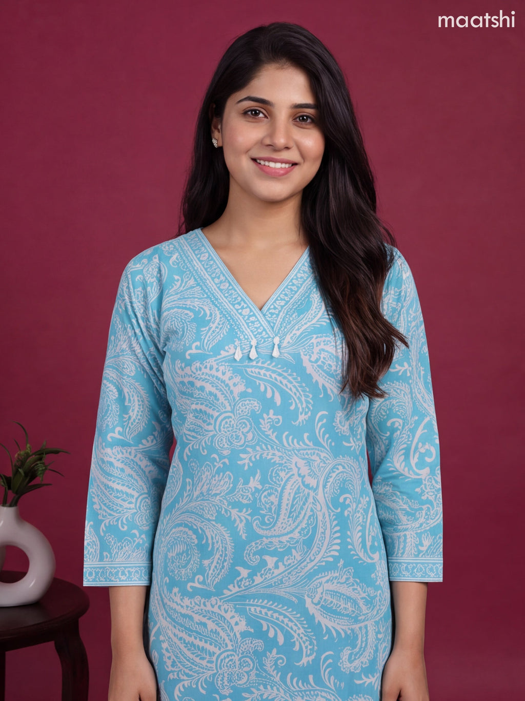 Light Blue and Off White Cotton Allover Printed & Beaded Work Neck Pattern Straight Kurti