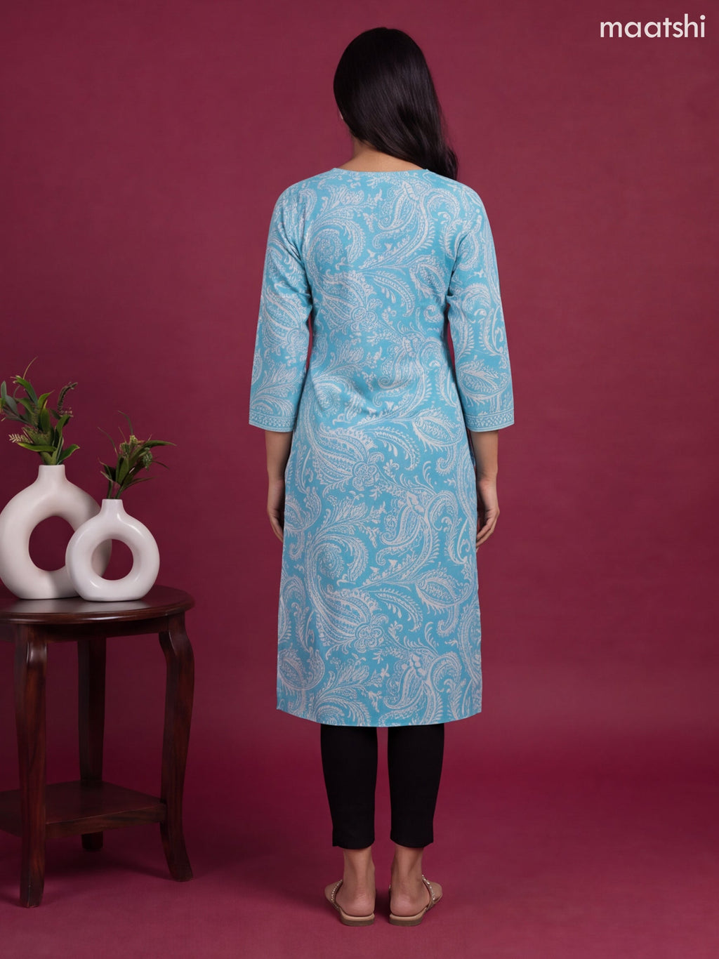 Light Blue and Off White Cotton Allover Printed & Beaded Work Neck Pattern Straight Kurti