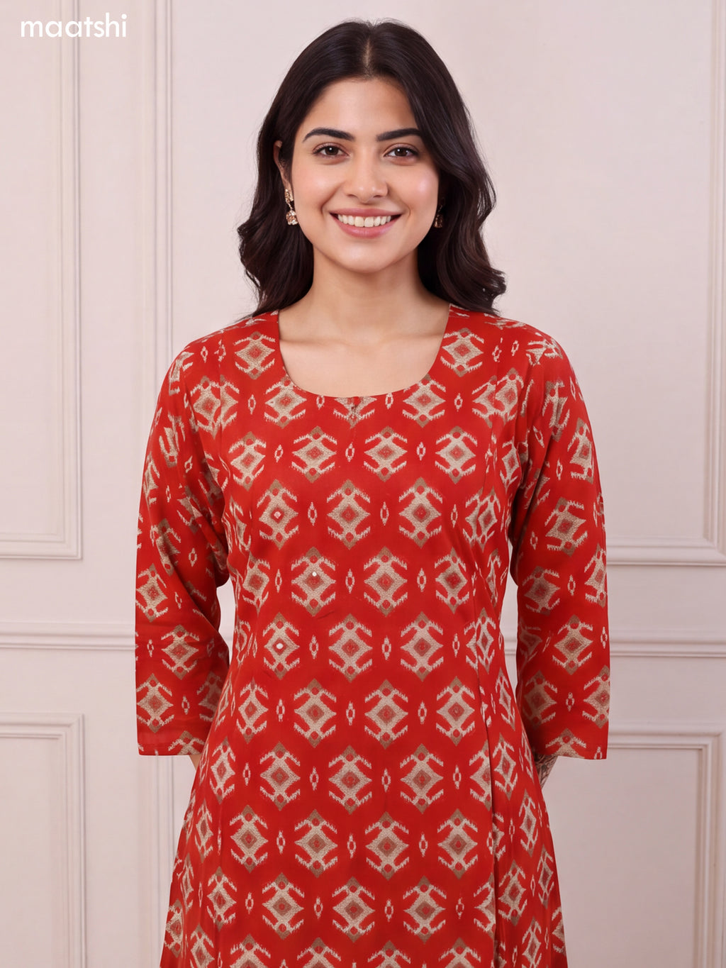 Red Rayon Ikat Weaves & Simple Embroidery Work A-Line Kurti