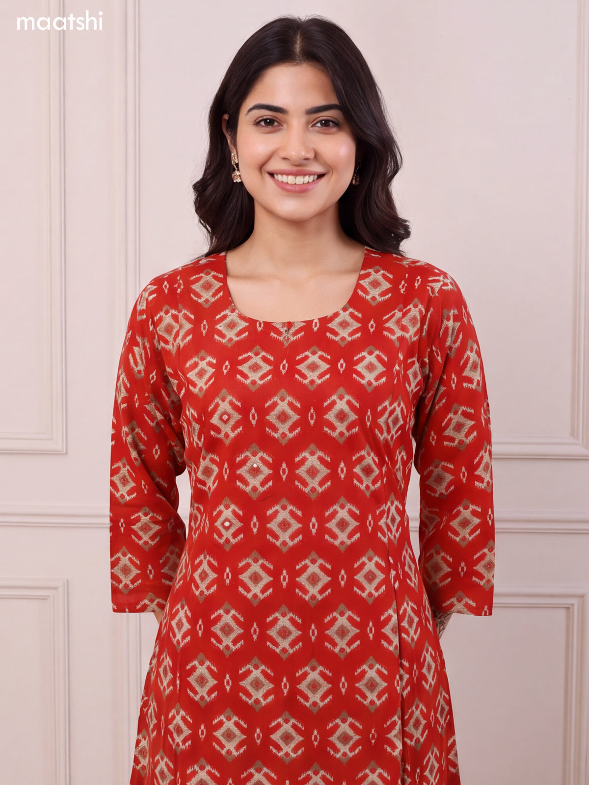 Red Rayon Ikat Weaves & Simple Embroidery Work A-Line Kurti