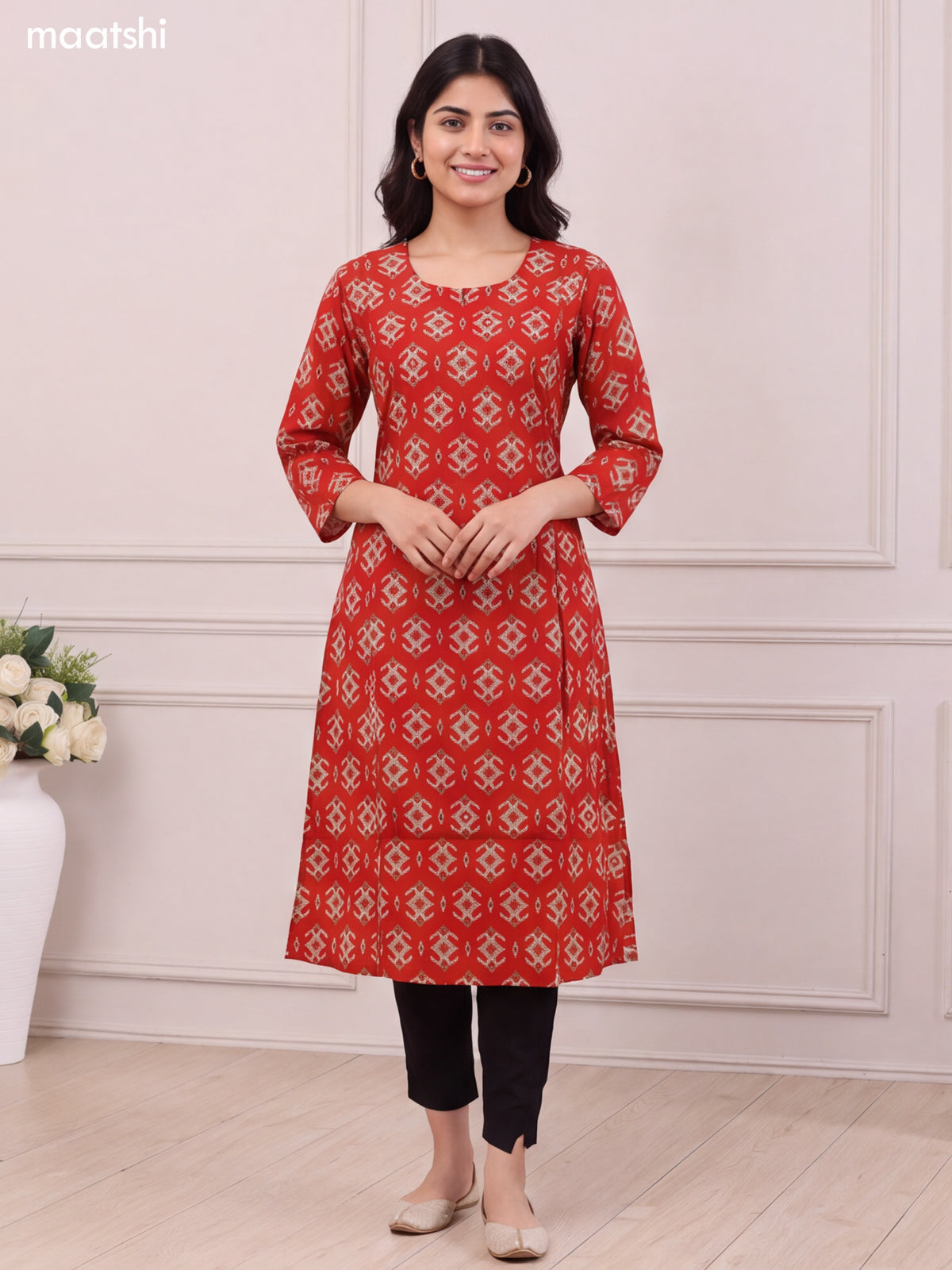 Red Rayon Ikat Weaves & Simple Embroidery Work A-Line Kurti