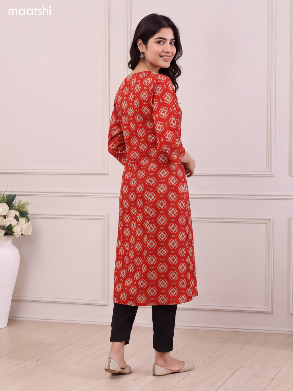 Red Rayon Ikat Weaves & Simple Embroidery Work A-Line Kurti