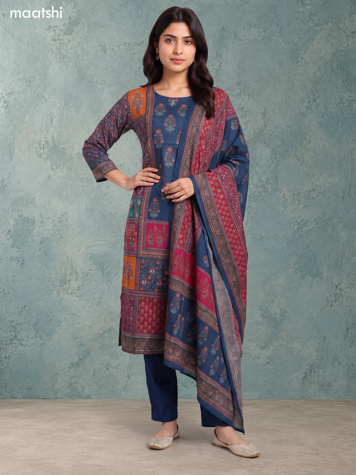 Peacock Blue Modal Floral Printed & Embroidery Work Straight Suit